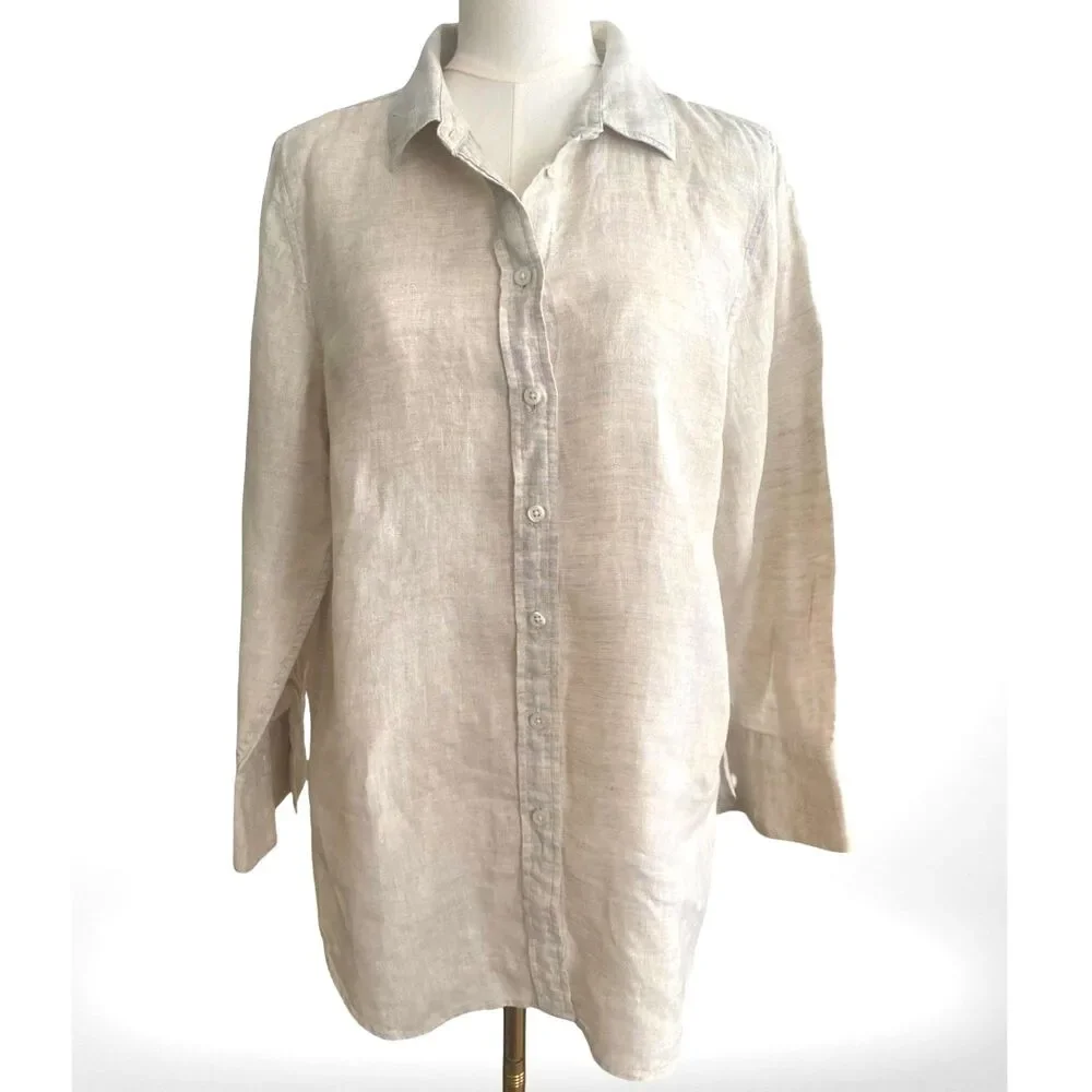 Talbots 100% Linen Natural Tunic Top Button Down Shirt LP Relaxed Coastal Beach